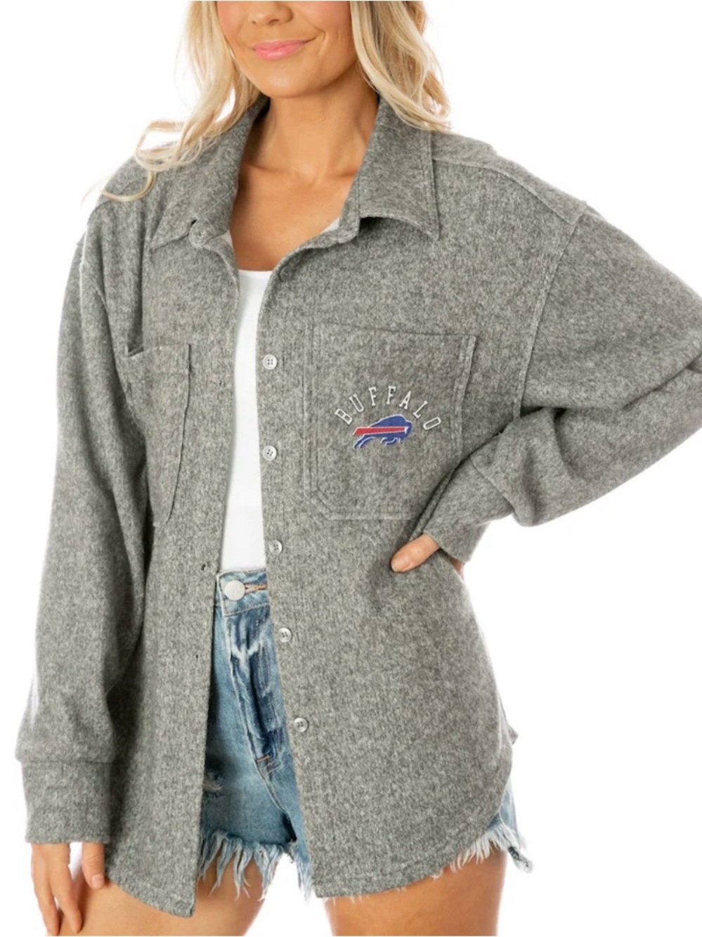 Buffalo Bills Gameday Couture Women's Button Up Collared Overshirt Size Lg Gray